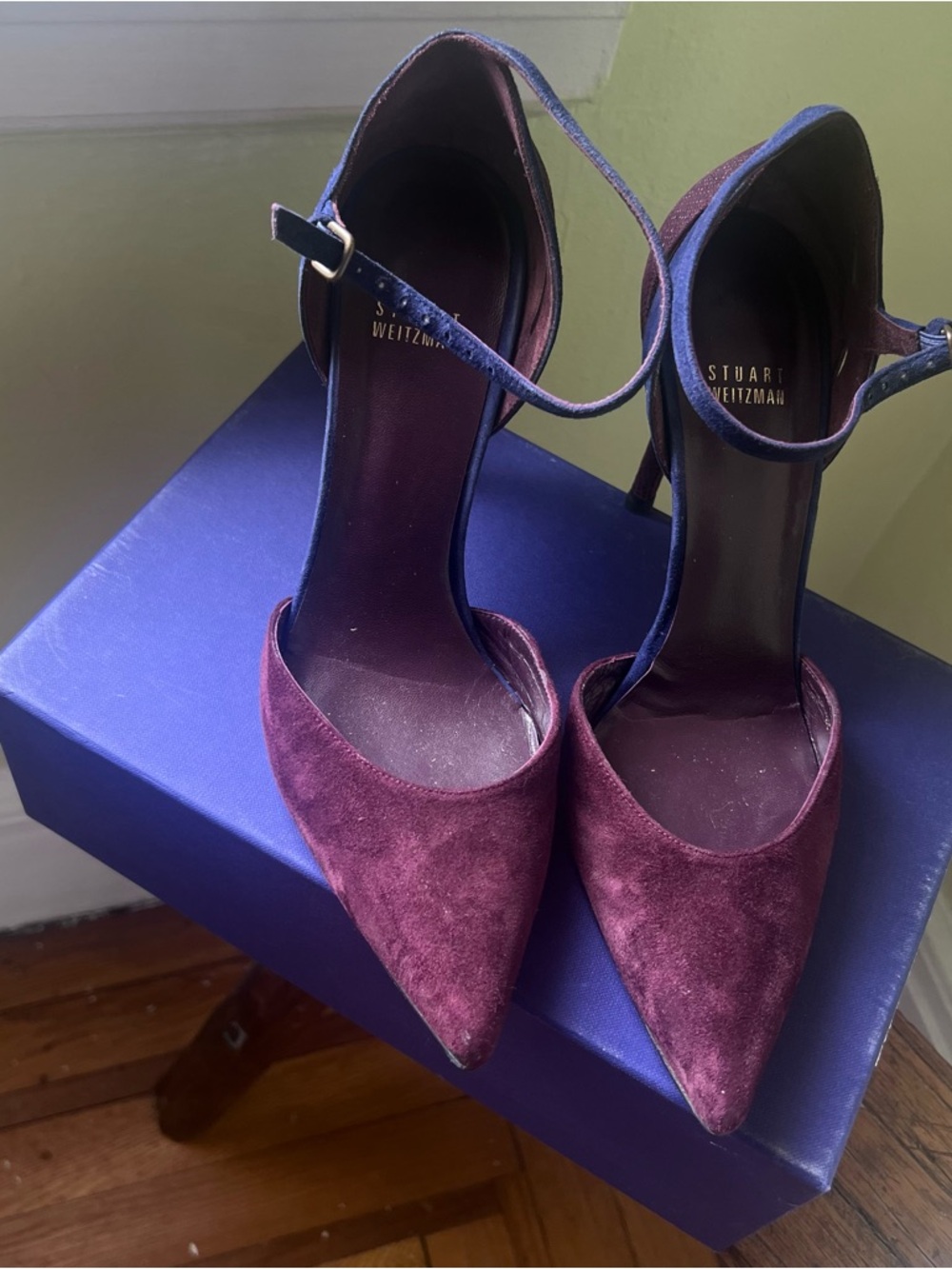 Stuart Weitzman Burgundy Suede Pointed-Toe Ankle Strap Heels